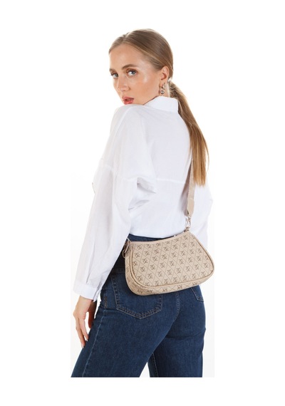Newish Polo Kadın Omuz Çantası Ve Cüzdan Seti 2 Li Monogram Desenli, Fermuarlı Cüzdanlı - New395 Bej