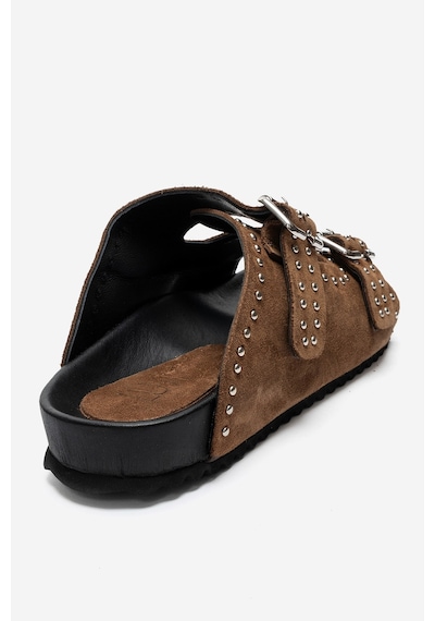 Luvi Shoes Avenelle Toprak Süet Hakiki Deri Çift Bantlı Zımbalı Kadın Terlik