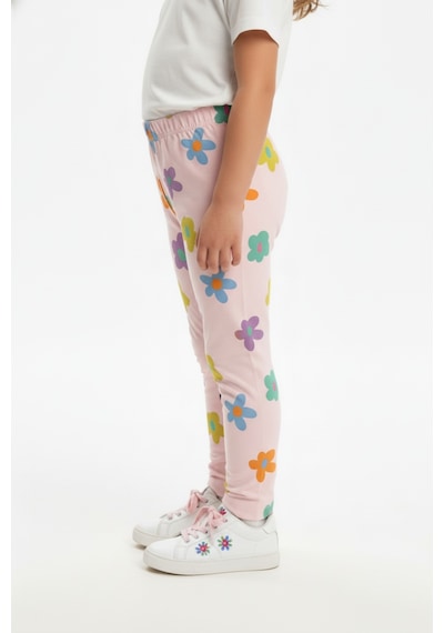 Toontoy Kids Toontoy Kız Çocuk Beli Lastikli Renkli Çiçek Baskılı Tayt 25029 Pudra