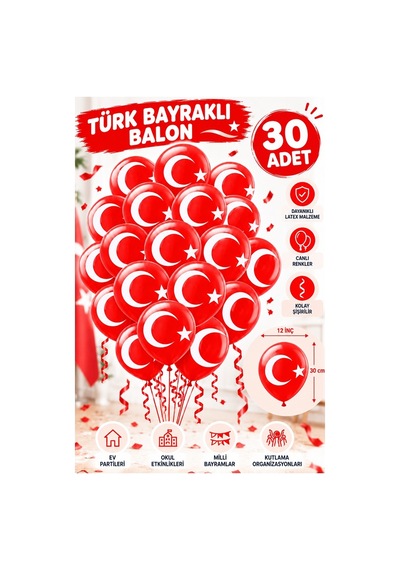 Türk Bayraklı Balon 30 Adet Ay Yıldızlı Balon Süsleme 29 Ekim 23 Nisan Kırmızı Beyaz Balon Bayrak Balon Bayram Beyaz - Kırmızı