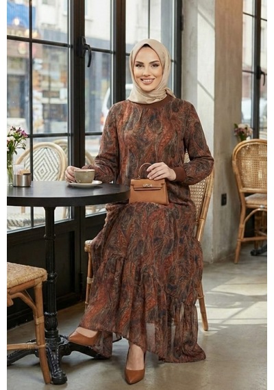 Hb Harma Time Butik Kadın Astarlı Şal Desen Kahverengi Şifon Elbise