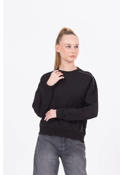 Kız Çocuk Sim Şeritli Taşlı Yarasakol Sweatshirt-13468 Siyah