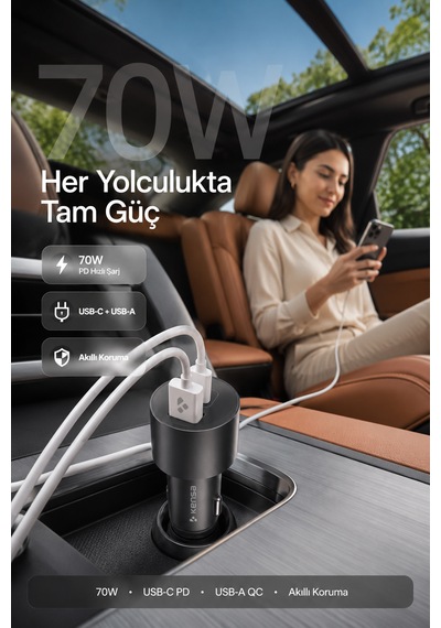 Kensa 70w Araç Hızlı Şarj Aleti Usb-c + Qc Usb-a Girişi Tüm Araçlar Uyumlu Şarj 70w Car Charger