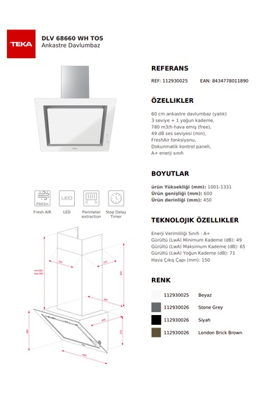 Teka DLV 68660 WH Tos Duvar Tipi Davlumbaz