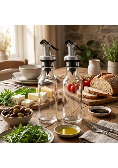2 Li Cam Yağlık Sirkelik Seti, 300 Ml X 2, Akış Kontrollü Kapaklı Zeytinyağı Ve Sirke Şişesi, Salata Sosu Ve Sıvı Baharat Sunum Seti, Şeffaf