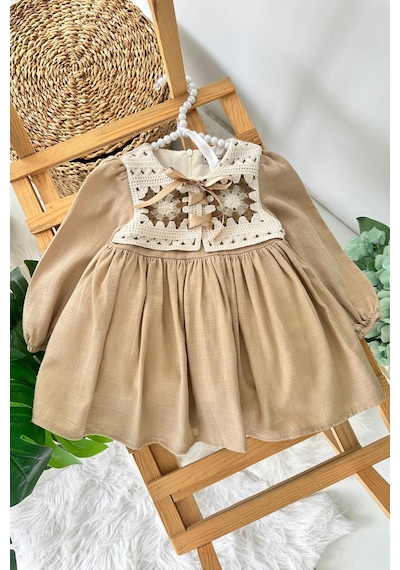 Miniğimin Cicileri 9-24 Ay Vintage Nakışlı Yaka Detaylı Fiyonklu Kız Bebek Elbise - Camel