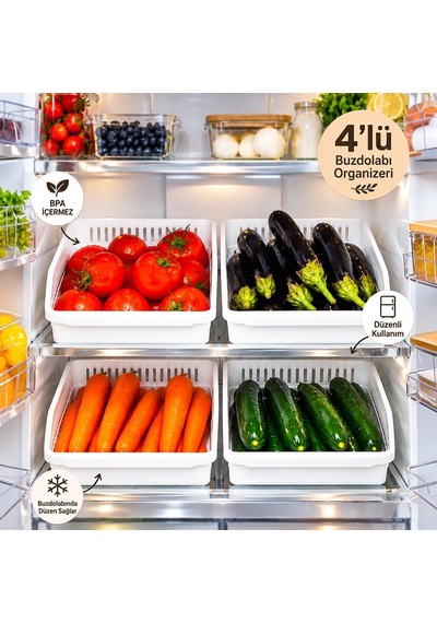 Tr 09 1076 Orgamix 4'lü Buzdolabı İçi Düzenleyici Organizer Sepet Seti Beyaz Mutfak Dolabı & Kiler Sebze Meyve Genel