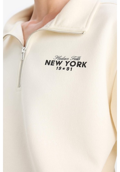 Defacto Regular Fit Yarım Fermuarlı Baskılı Kalın Sweatshirt F1066AX25AU Bej