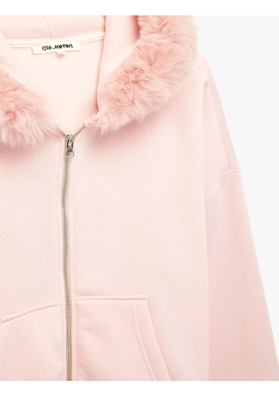 Koton Şardonlu Cepli Rahat Kalıp Uzun Kollu Fermuarlı Suni Kürk Kapüşonlu Sweatshirt Pembe 7wal10302ık Gülkurusu
