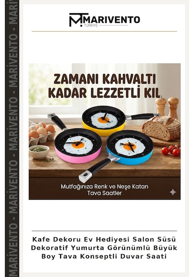 Kafe Dekoru Ev Hediyesi Salon Süsü Dekoratif Yumurta Görünümlü Büyük Boy Tava Konseptli Duvar Saati Çok Renkli