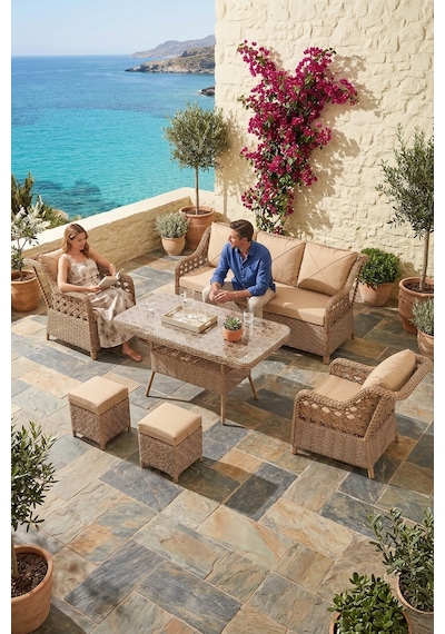 Anemon Serisi 3+1+1+2 Puf Cappucino Rattan Cappucino Minder Bahçe Balkon Oturma Koltuk Takımı