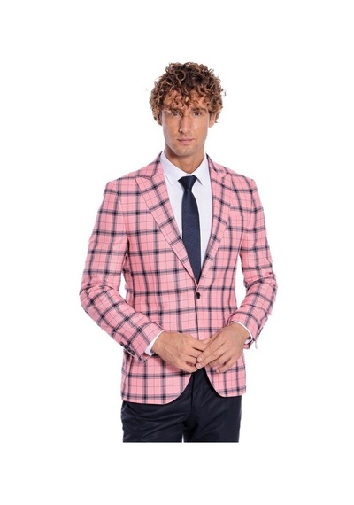 Wessi Ekose Desenli Slim Fit Pembe Erkek Ceket 001