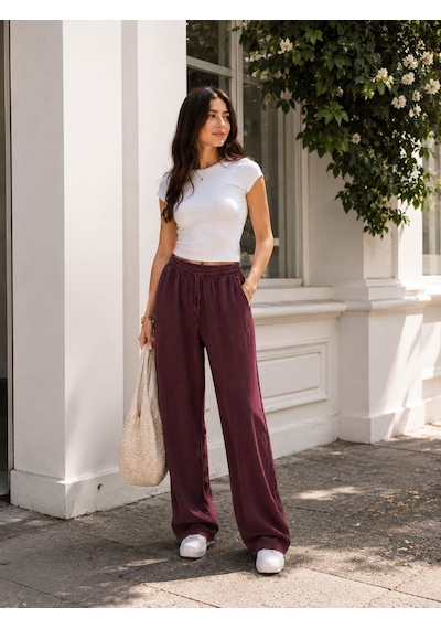 Esra Butik78 Yazlık Pantolon Mürdüm & Haki Renk Rahat Kalıp Kadın Pantolon