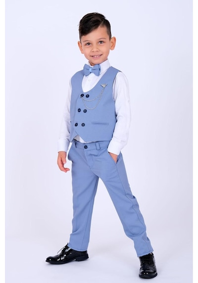 Baby Kids Colors Erkek Çocuk Smokin Takım Elbise 6 Düğmeli Yelekli Papyonlu Zincirli Mavi