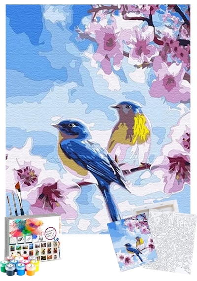 Sayılarla Boyama Seti 40 x 50 CM Tuval Şasesine Gerili Bahar Dalında Kuşlar