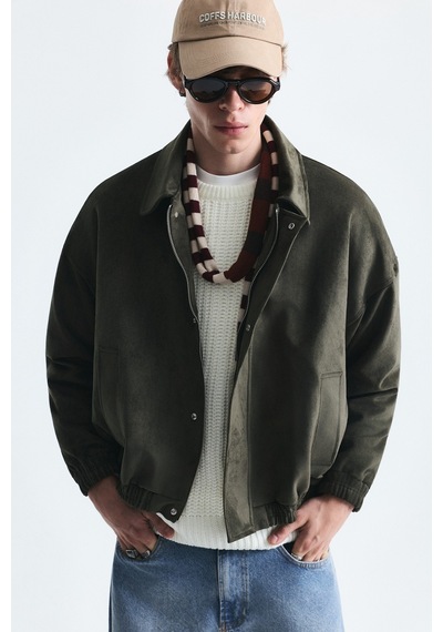Vamos Oversize Polo Yaka Suni Süet Mont Haki