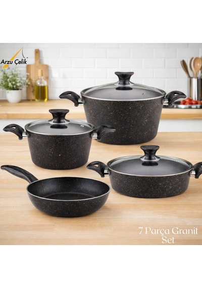 7 Parça Granit Set Cam Kapak - Siyah Siyah