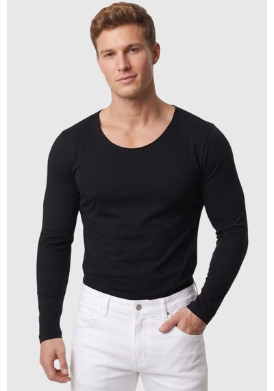 Rizzup Erkek Siyah %95 Pamuk Slim Fit Kesik Açık Yaka Likralı Penye Sweatshirt Oval Kesim 2602299