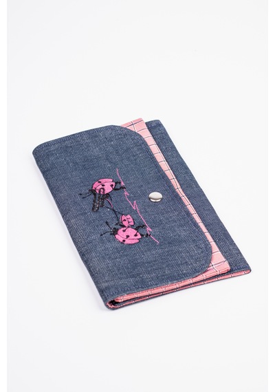 Fabric Craft Bag Kadın Kumaş Cüzdan Nakışlı Mavi - Pembe