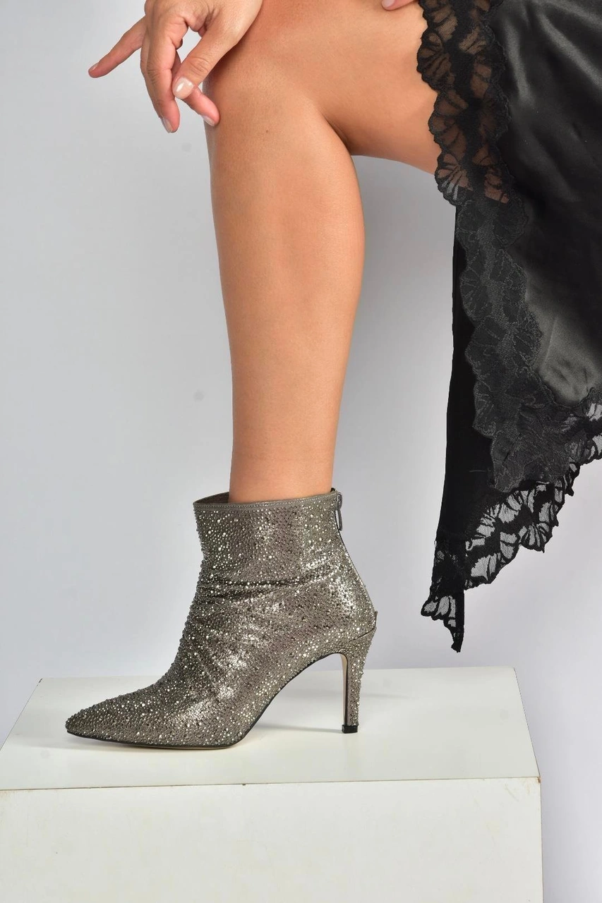 Fox Shoes V572127214 Platin Sim Taşlı İnce Topuklu Abiye Bot Platin-sim