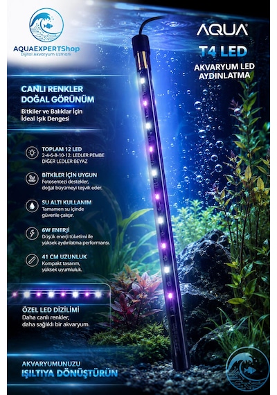 Aqua Akvaryum Işığı - Bitki Işığı - Balık Işığı - Tamamen Su İçinde Kullanılabilir - 12 Led - Pembe Beyaz - 41 Cm - Güçlü Aydınlatma - 6w
