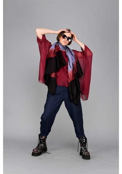 Bohem Stil İtalyan Yarasa Kol İpek Bluz & Pantolon Takım-8767 Bordo