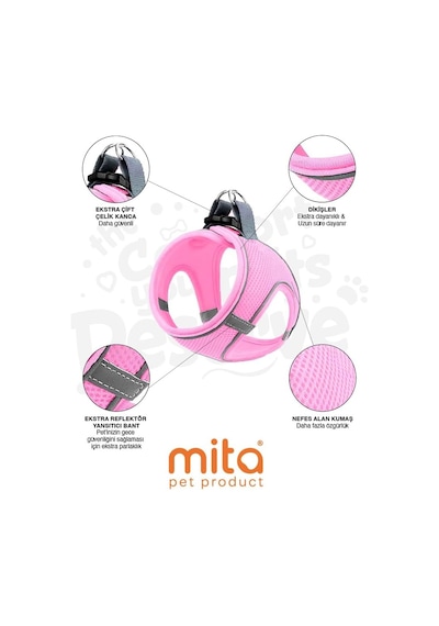 Air Mesh Kedi Köpek Göğüs Tasması Çift Reflektörlü, Terletmeyen Tasma Açık Pembe, L