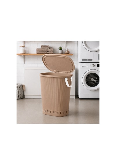 Stil 65 Lt Geniş Hacimli Hava Alan Delikli Kapaklı Kirli Sepeti Plastik Banyo Çamaşır Sepeti - Bej - 913226211 Bej