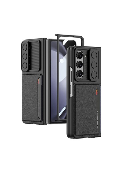 Samsung Uyumlu Galaxy Z Fold 5 Suni Deri Arka Yüzey Sürgülü Kamera Korumalı Zore Kartlıklı Kıpta Silikon Kapak Siyah