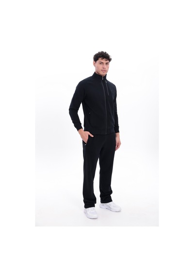 Rowinger 3 İplik Kalın Dokulu Pilot Yaka Velör Şeritli Tam Fermuarlı Erkek Sweatshirt Black