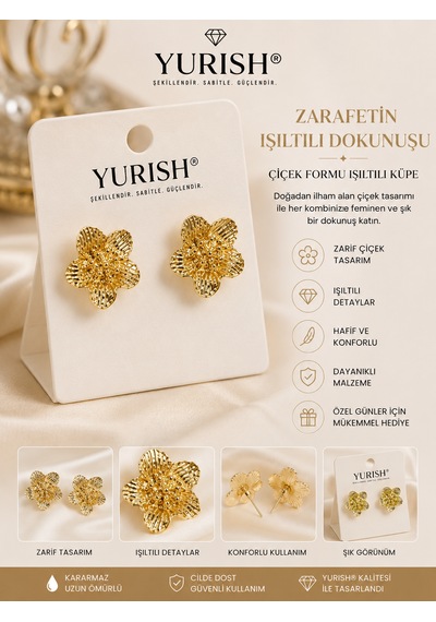 Kadın Sedefli Çiçek Figürlü Mineli Model 2'li Küpe altın