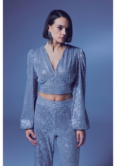 Sateen Kruvaze Payetli Crop Bluz - Gümüş