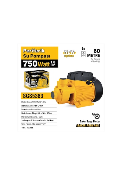 Sgs5383 - Periferik Su Pompası 750 Watt 1.0 Hp - 60 Metre - Bakır Sargı