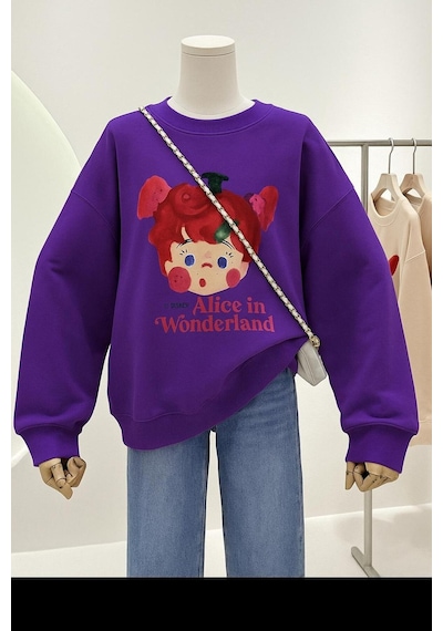 Alice İn Wonderland Baskılı Unisex Sweatshırt Mor
