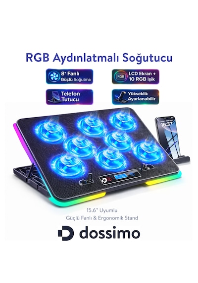 Nitro Rgb Işıklı 8 Fanlı Lcd Göstergeli 2 Usb Girişli Yükselebilen Notebook Soğutucu S23