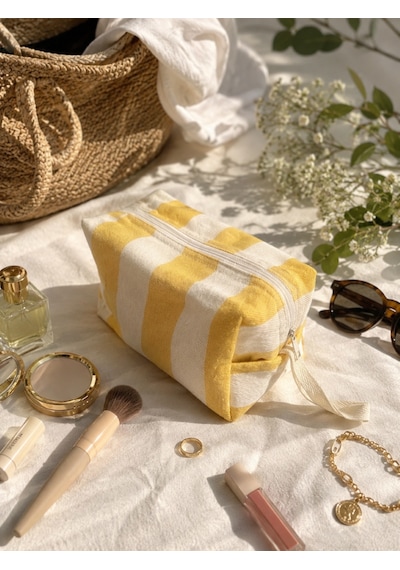 Faralyalife Çizgili Fermuarlı Taşıma Kulplu Makyaj Çantası 20x20 Cm %70 Pamuk %30 Polyester Kozmetik Kadın Makyaj Çantası