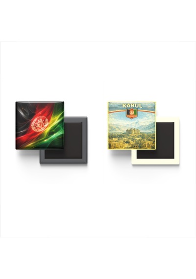 9x9 Cm Buzdolap Magnetleri - Afganistan Bayrağı Ve Retro Tema - 2'li Set Magneti