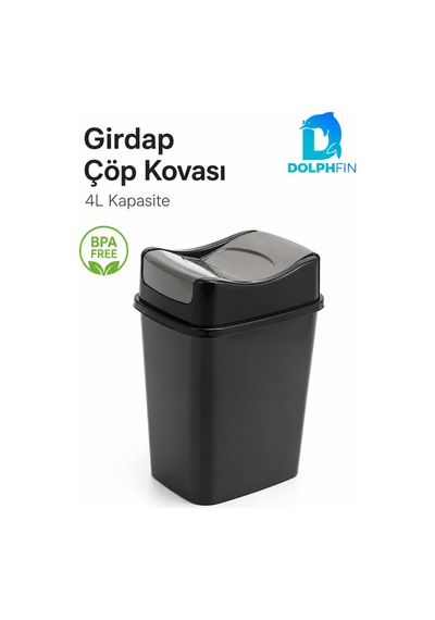 Girdap 4 Litre Sallanır Kapaklı Mini Çöp Kovası Banyo Mutfak Ofis Siyah Füme