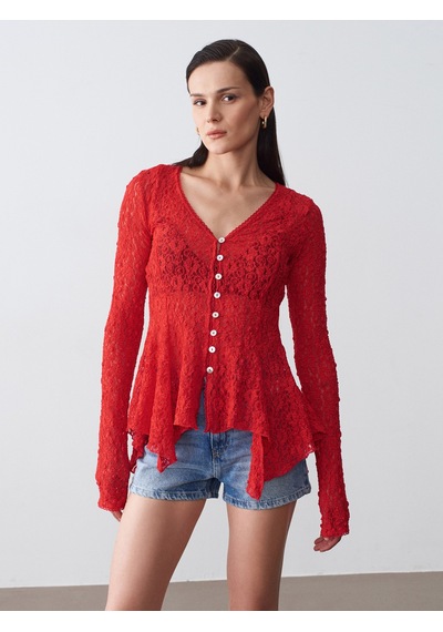 Dilvin 60433 Düğmeli Peplum Dantel Hırka-kırmızı