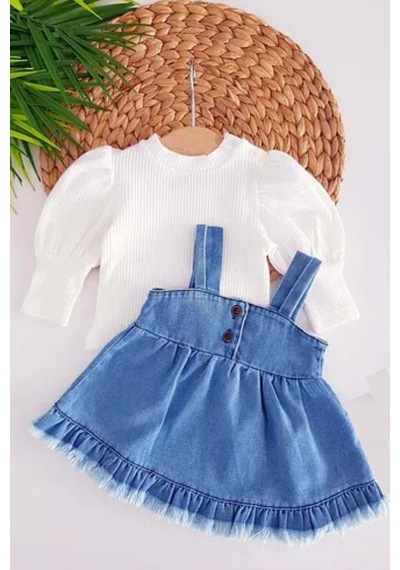 Cantoy Kız Bebek Püsküllü Kot Jile Elbise Balon Bluz Lüks Jean Takım Açık Mavi