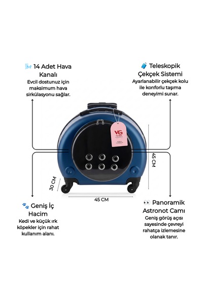 Vg Premium Kedi Taşıma Valizi Panoramik Açılır Kapaklı