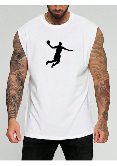 Basketbol Karakter Baskılı Kolsuz Tişört BEYAZ