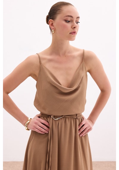 Sateen Degaje Yaka Dökümlü Bluz - Vizon-136051 Vizon