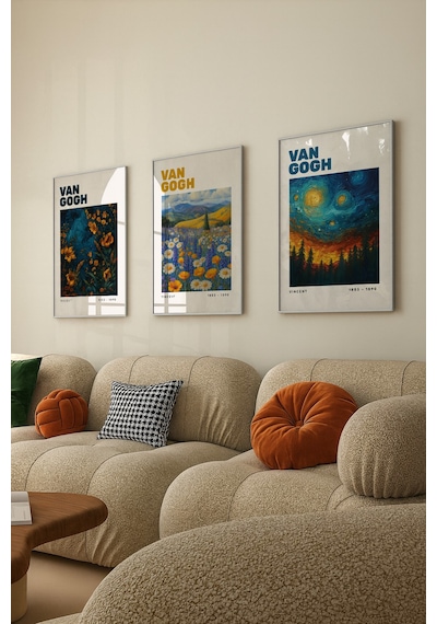 Van Gogh 3'lü Poster Tablo Seti Beyaz Çerçeveli