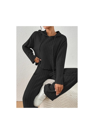 Bella Notte Siyah Fitilli Kapüşonlu Pamuklu Uzun Kollu Pijama Takımı