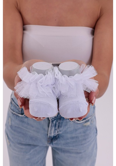 Burçak Çorap Soft Yıkamalı Kız Bebek Çorabı - Tül Ve Güpür Detaylı Pamuklu Model 4'lü Çok Renkli