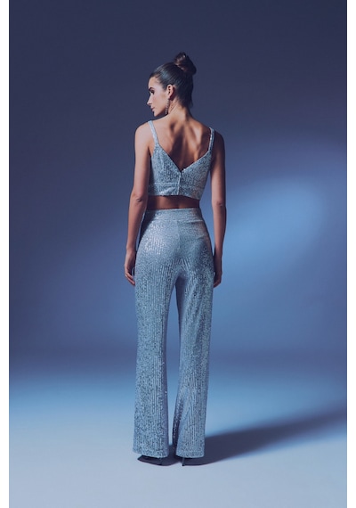 Sateen Kalın Askılı Payet Crop - Gri-135342 Gri