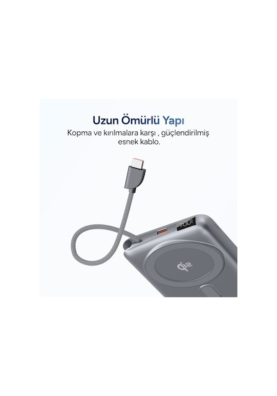 Juo 10000 Mah Qi2 Magsafe Powerbank Standlı Pd 22.5w Taşınabilir Kablosuz Hızlı Şarj Cihazı Gri