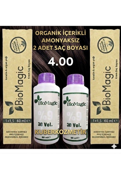 Biomagic 4.00 Orta Kahve Organik İçerikli Amonyaksız Kalıcı Saç Bopyası 2 Boya+ Oksaidan