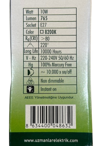 Uzlight 10w 75w 8200k Yeşil Işık E27 Duylu Led Ampul 8 Adet